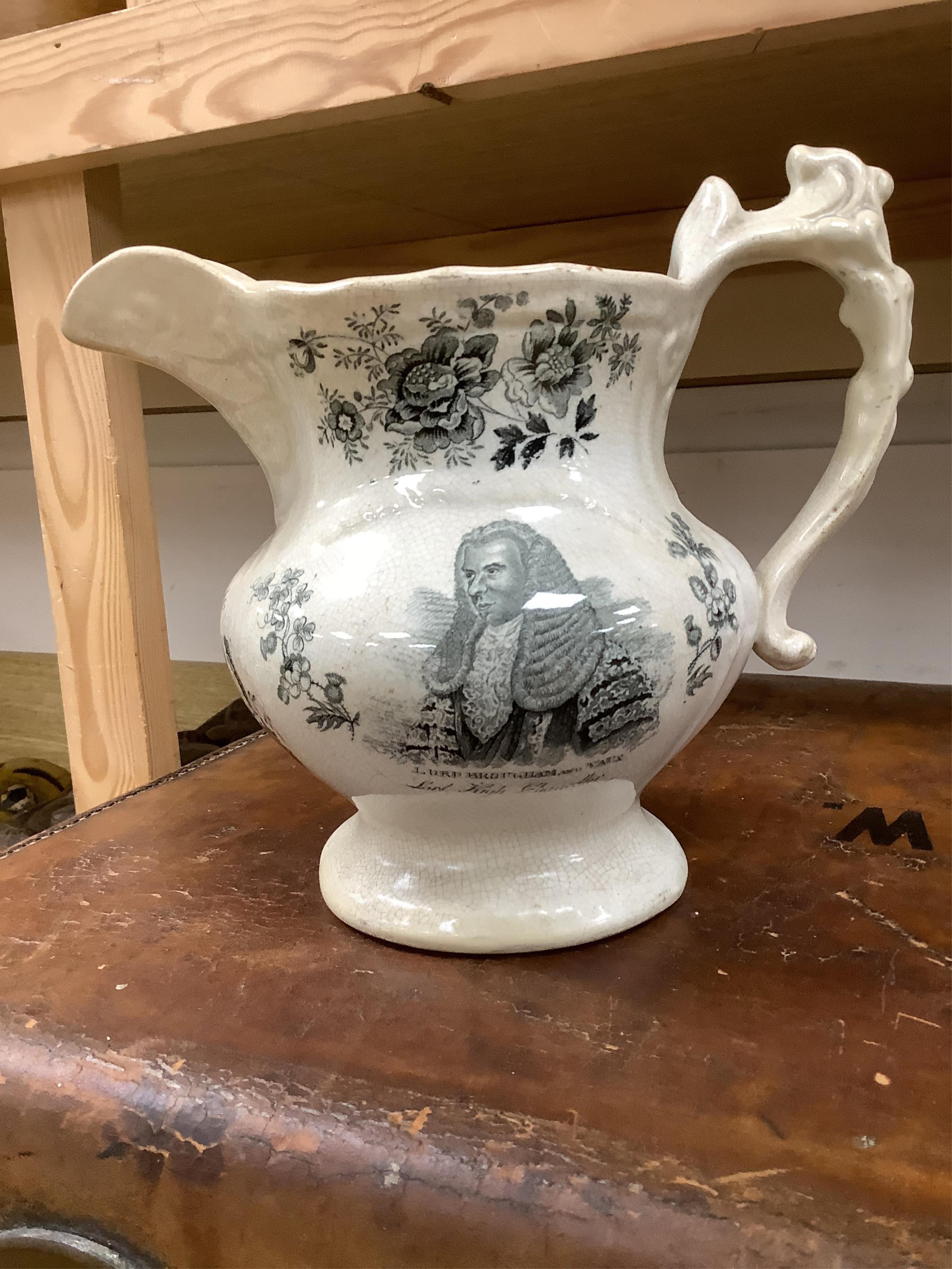 Six contemporary political themed earthenware pottery jugs and a pedestal bowl commemorating the 1832 Reform Bill, with transfer printed symbolic scenes of the Houses of Parliament, details regarding the voting, portrait